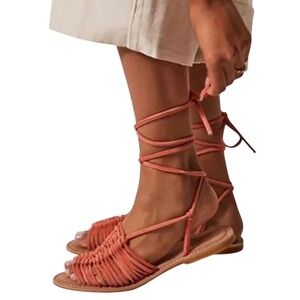 NWOB Seychelles Distant Shores‎ Coral Woven Leather Lace Up Sandals Women's 6.5